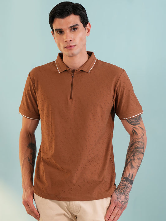 Men Textured Rust Zip Polo T-Shirt - Reprise