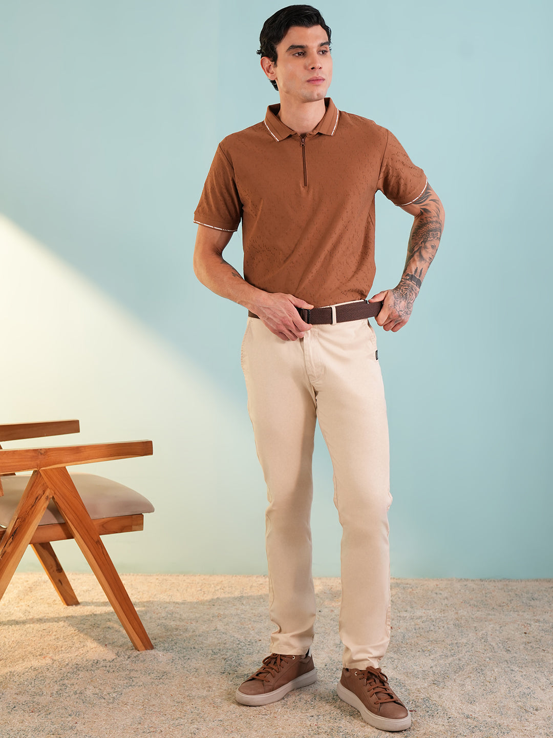 Men Textured Rust Zip Polo T-Shirt - Reprise