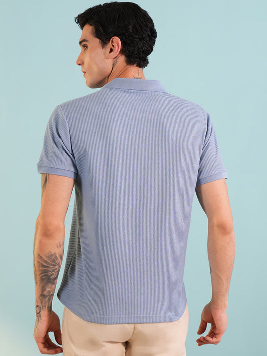 Men Textured Light Blue Polo Front Open T-Shirt - Reprise