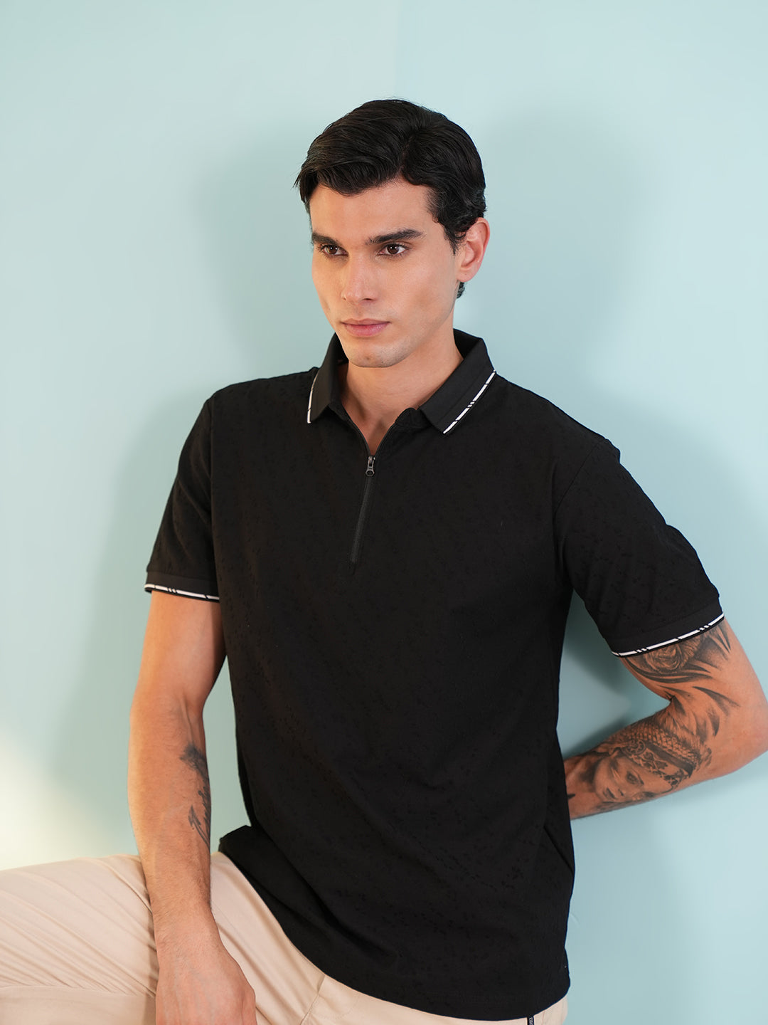 Men Textured Black Zip Polo T-Shirt - Reprise