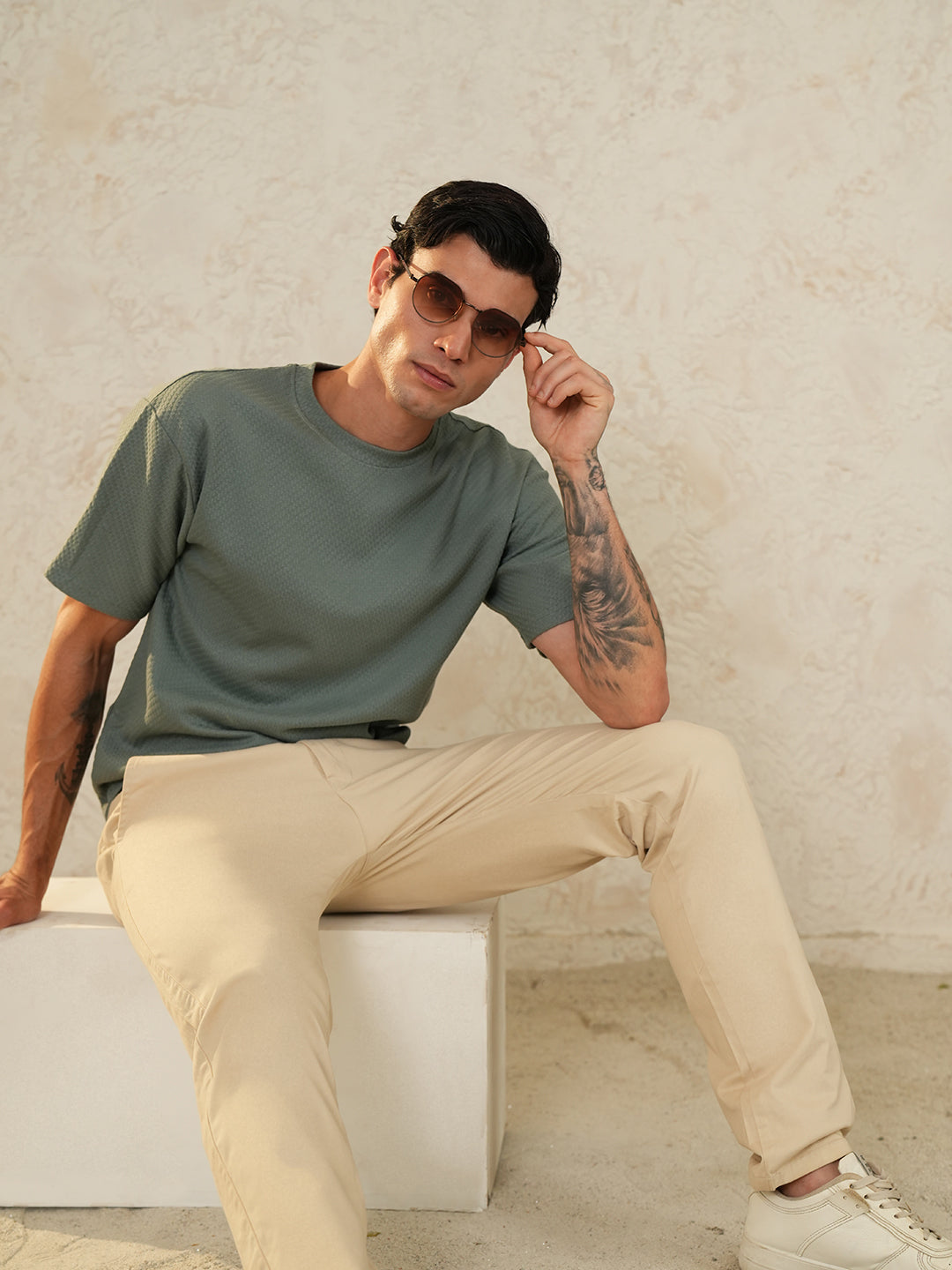 Men Oversized Printed Round Neck Drop Shoulder T-shirt Olive - Reprise