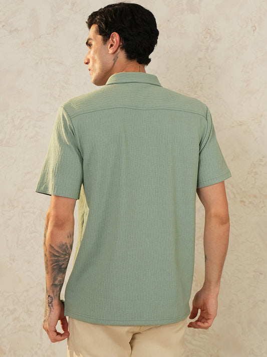 Men Regular Fit Spread Collar Textured Shirt Sage Green - Reprise