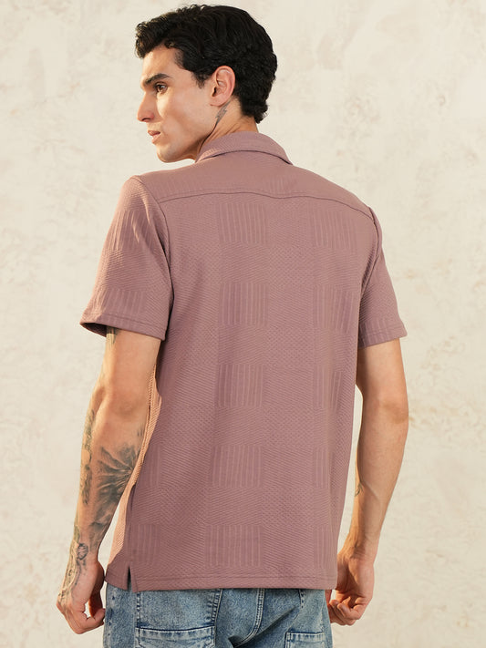 Men Regular Fit Spread Collar Textured Shirt Peach - Reprise