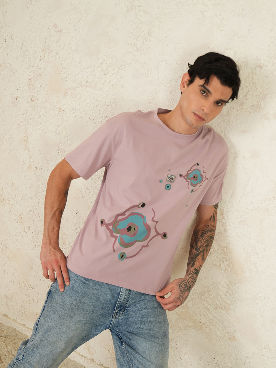 Men Oversized Printed Round Neck Drop Shoulder T-shirt Pink - Reprise