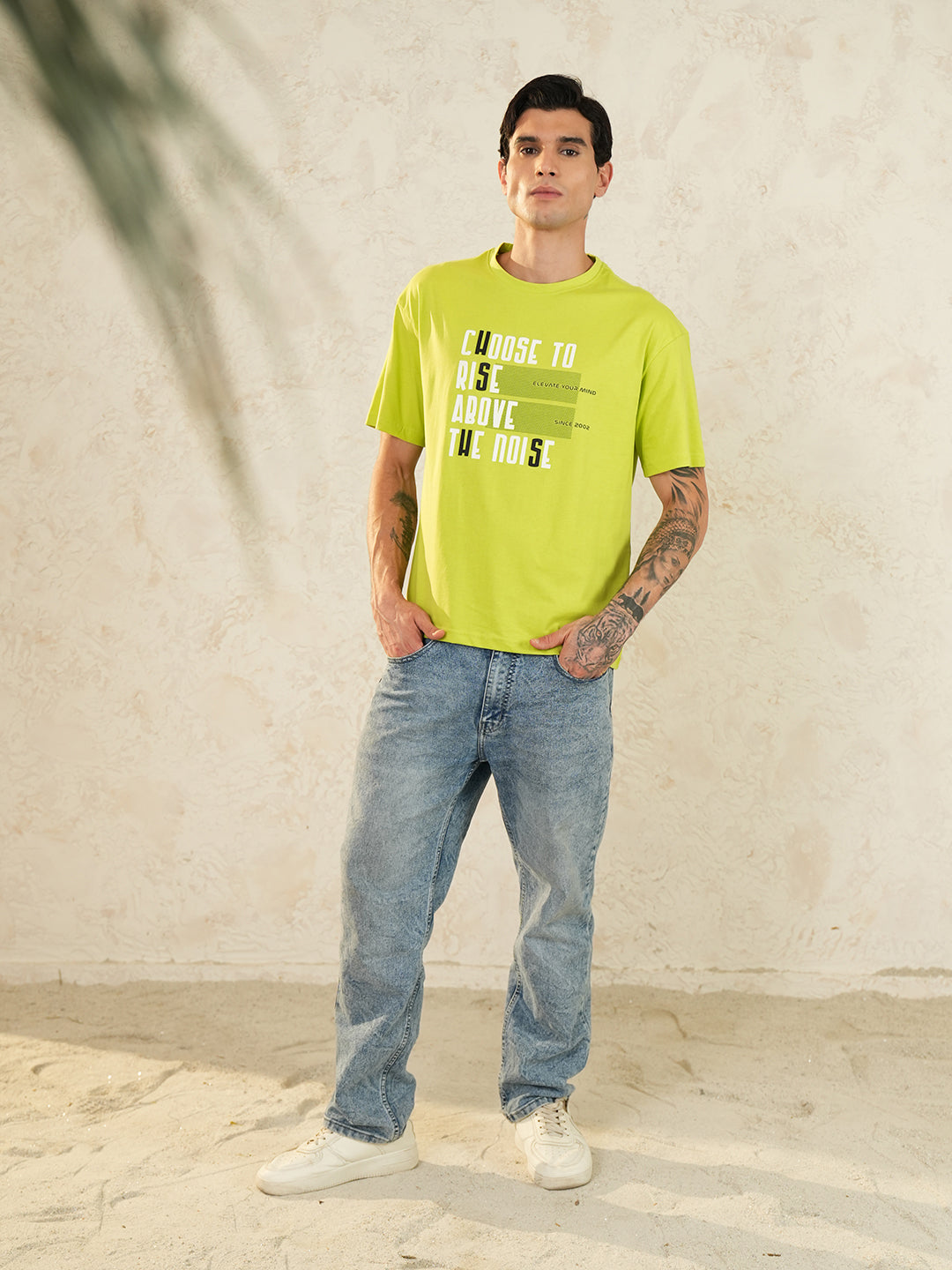 Men Oversized Printed Round Neck Drop Shoulder T-shirt Neon Green - Reprise