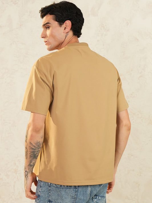 Men Oversized Printed Round Neck Drop Shoulder T-shirt Light Brown - Reprise