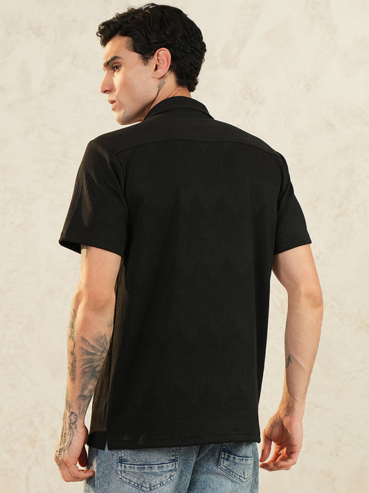 Men Regular Fit Spread Collar Textured Shirt Black - Reprise