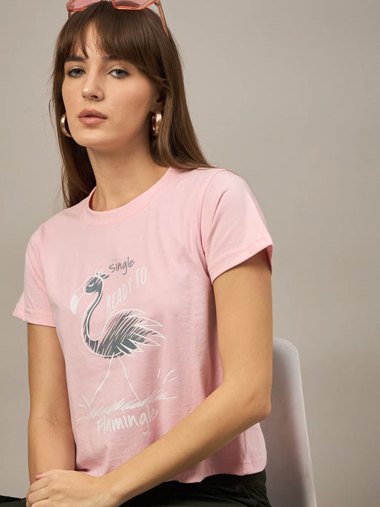 Women Printed Regular Fit T-shirt Pink