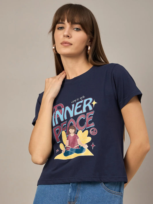 Women Printed Regular Fit T-shirt Navy