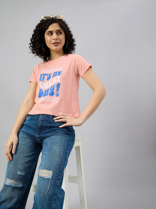 Women Printed Regular Fit T-shirt Peach