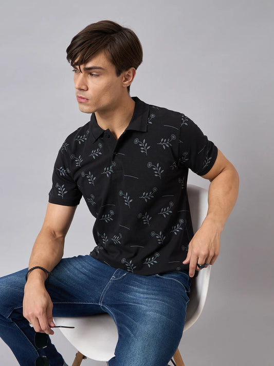 Men Printed Cotton Black Polo T-Shirts - Reprise