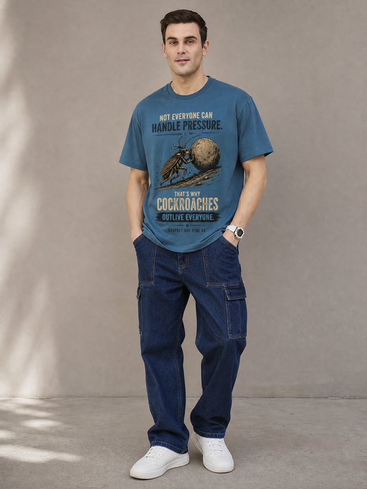 Cockroach Men Oversize Printed Round Neck T-shirt Blue
