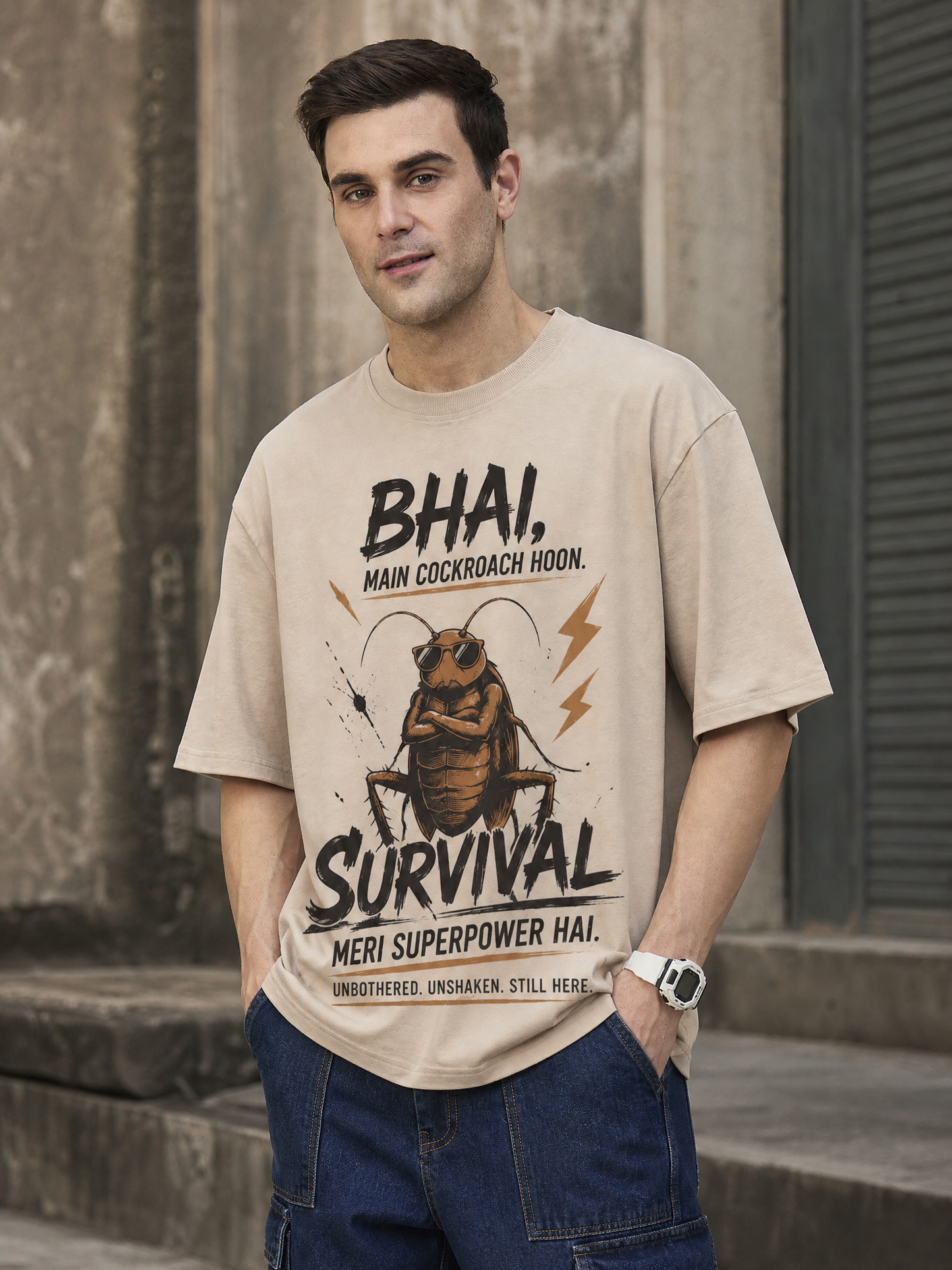 Cockroach Men Oversize Printed Round Neck T-shirt Beige