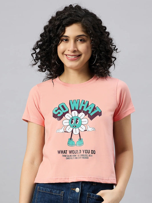 Women Printed Regular Fit T-shirt Peach