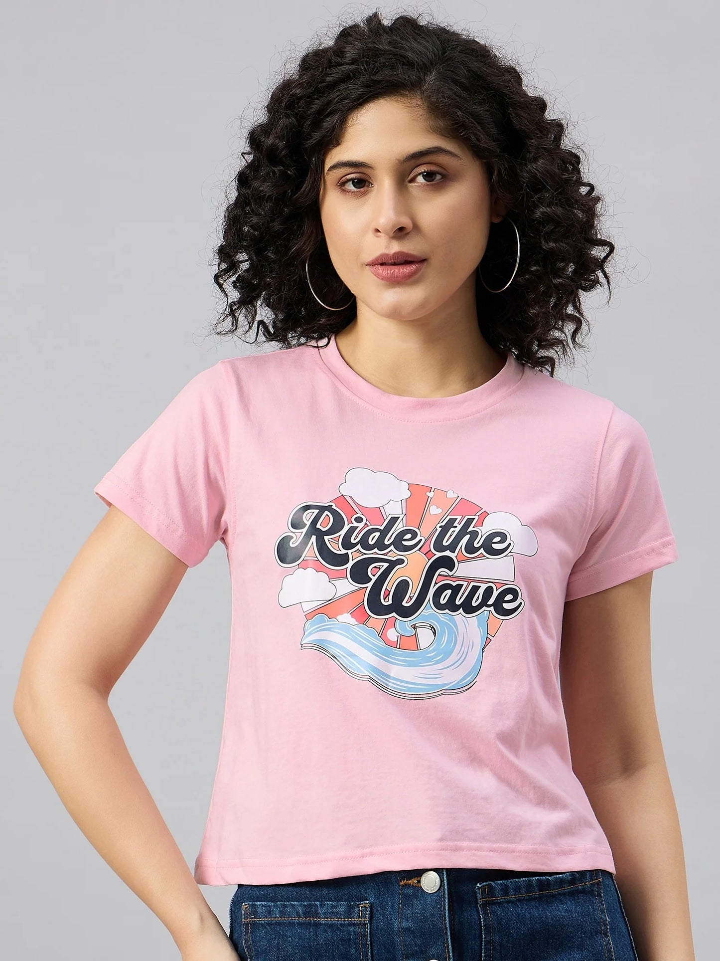 Women Printed Regular Fit T-shirt Pink