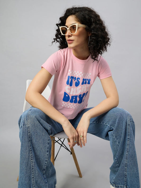 Women Printed Regular Fit T-shirt Pink