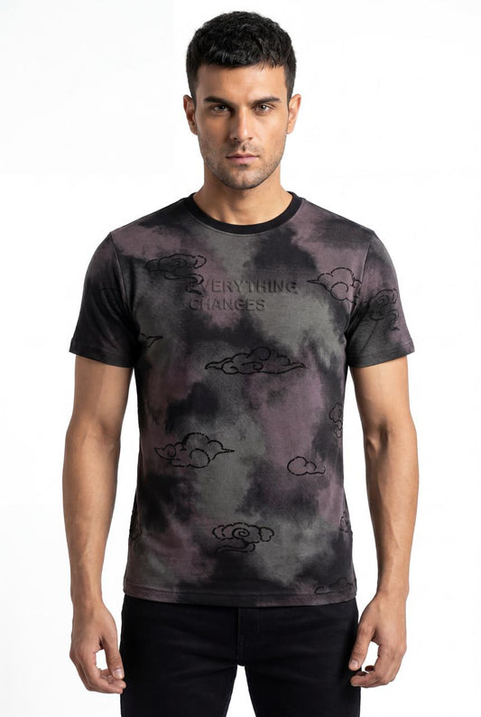 Men Printed Round Neck T-shirt Black Grey - Reprise