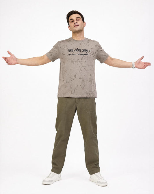Men Summer Grey Solid Round Neck Half Sleeve Hindi Wording Tshirt - Reprise