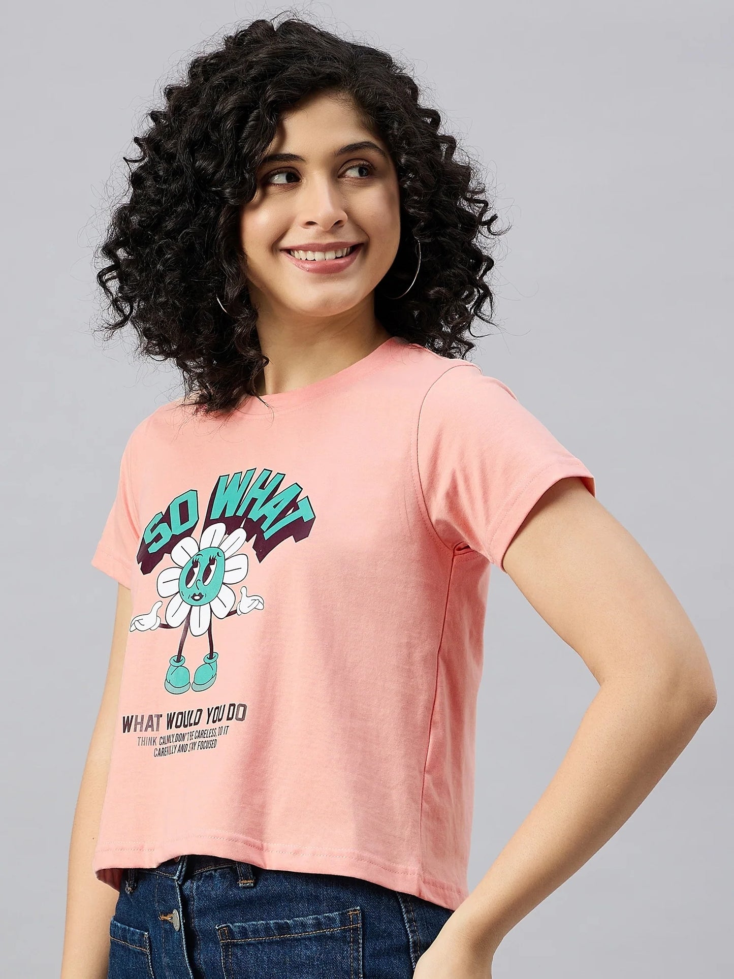 Women Printed Regular Fit T-shirt Peach