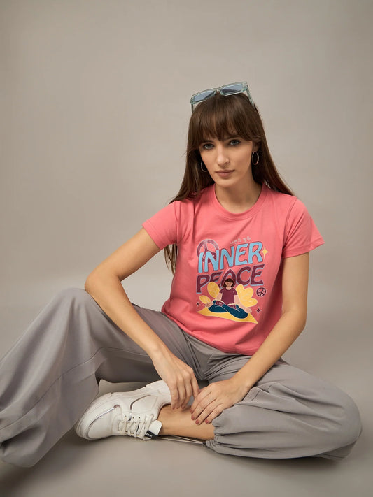 Women Printed Regular Fit T-shirt Pink