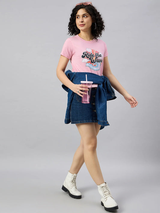 Women Printed Regular Fit T-shirt Pink