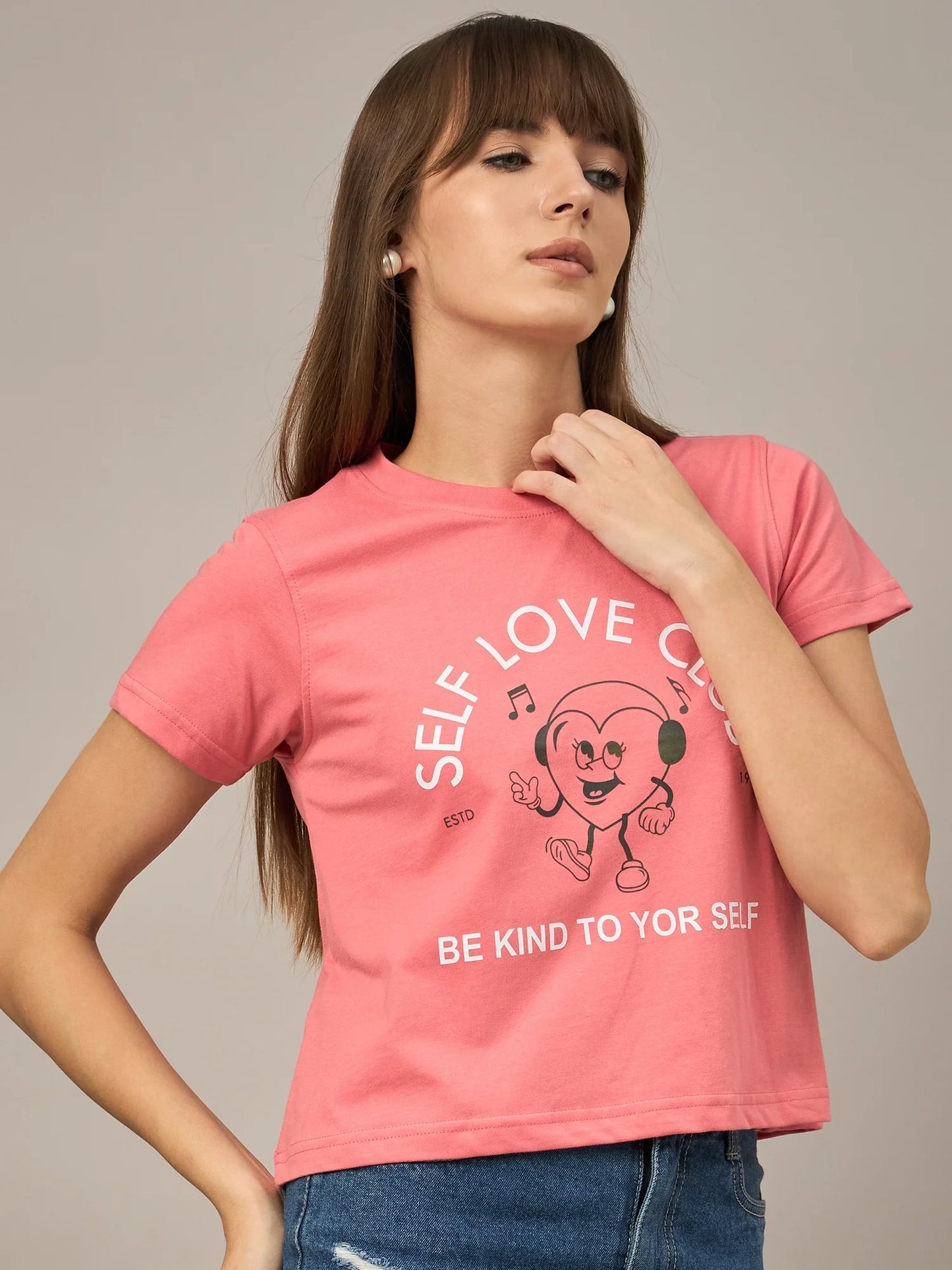 Women Printed Regular Fit T-shirt Pink