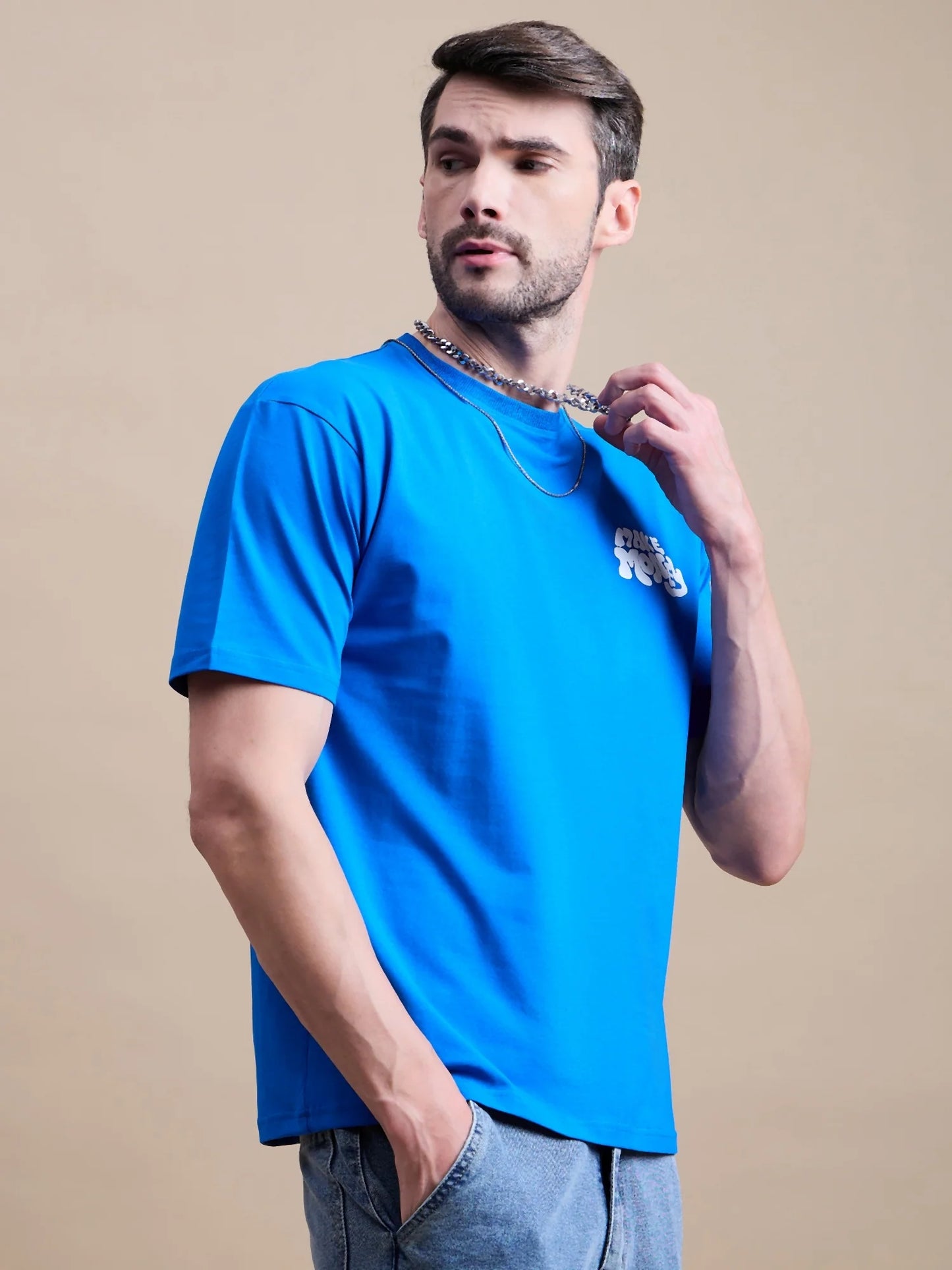 Men Blue Cotton Oversized T-Shirt