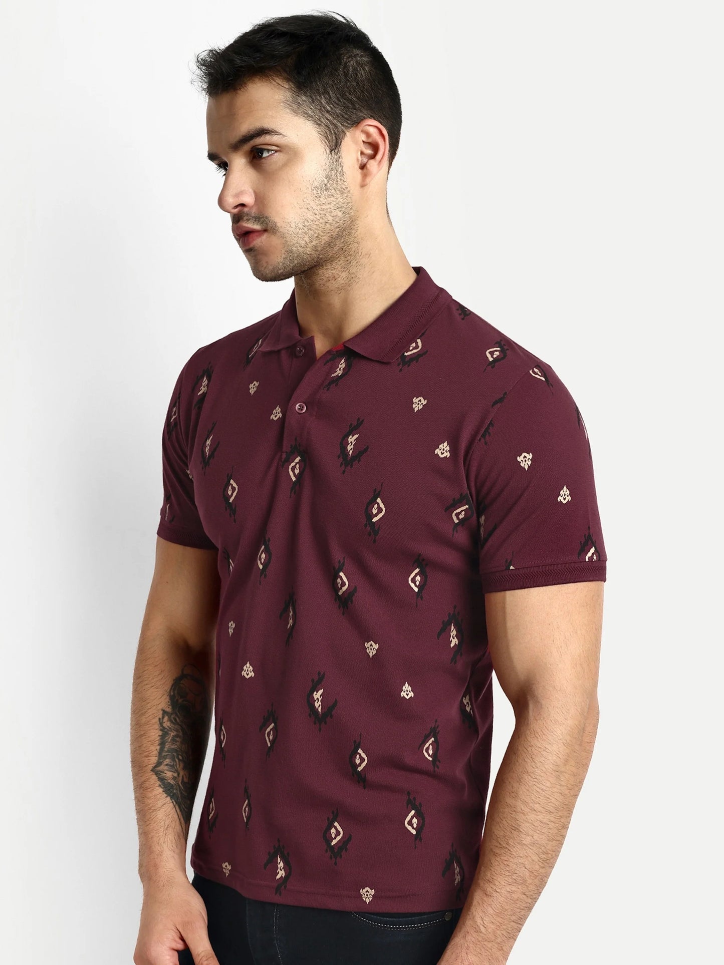 Men Printed Cotton Maroon Polo T-Shirts - Reprise