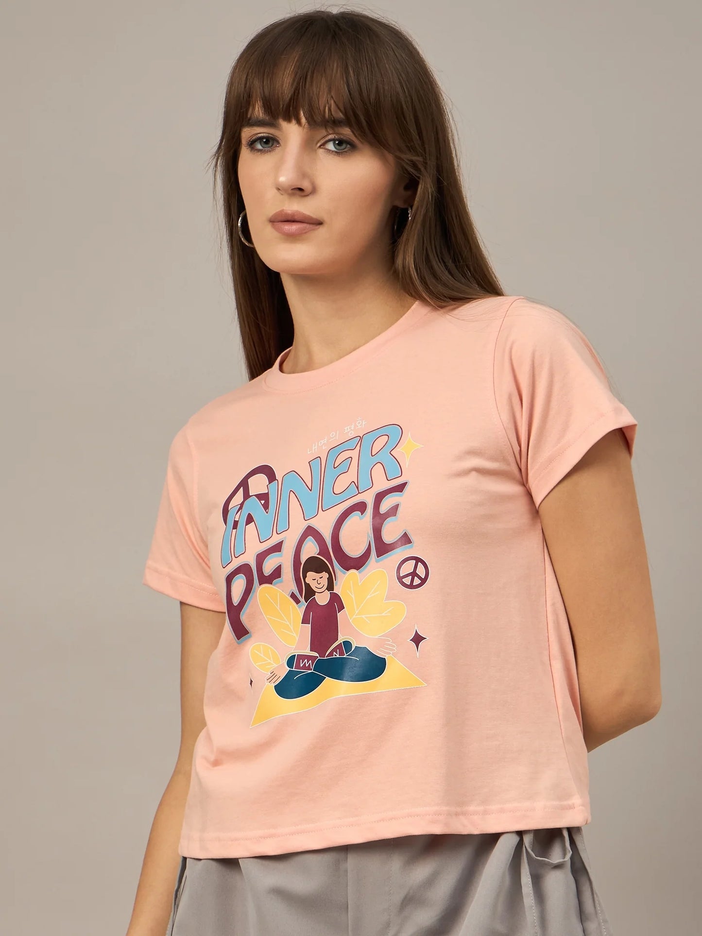 Women Printed Regular Fit T-shirt Peach - Reprise