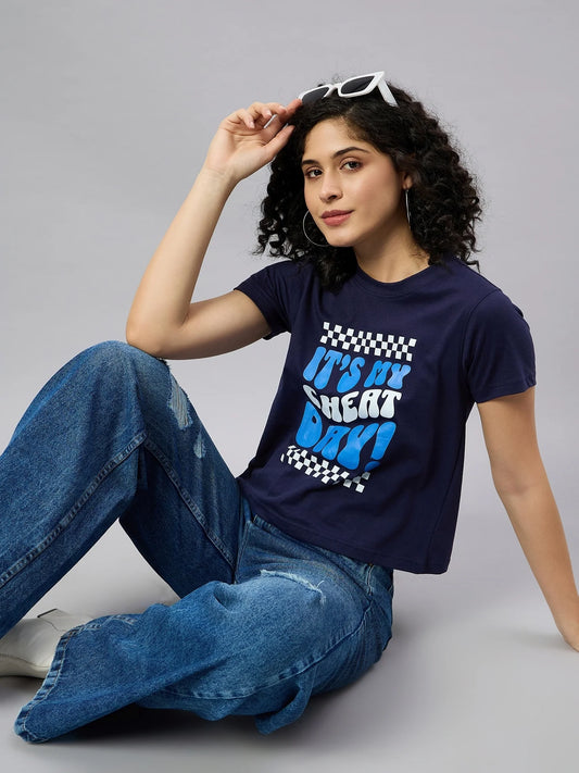 Women Printed Regular Fit T-shirt Navy