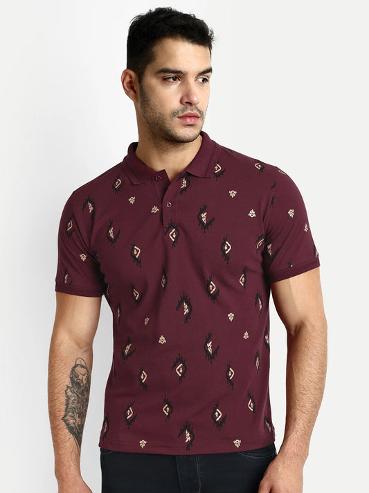 Men Printed Cotton Maroon Polo T-Shirts - Reprise