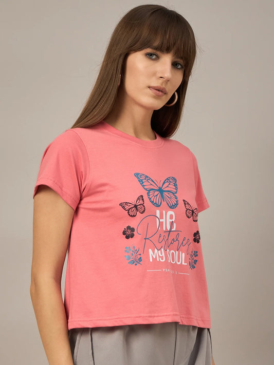 Women Printed Regular Fit T-shirt Pink