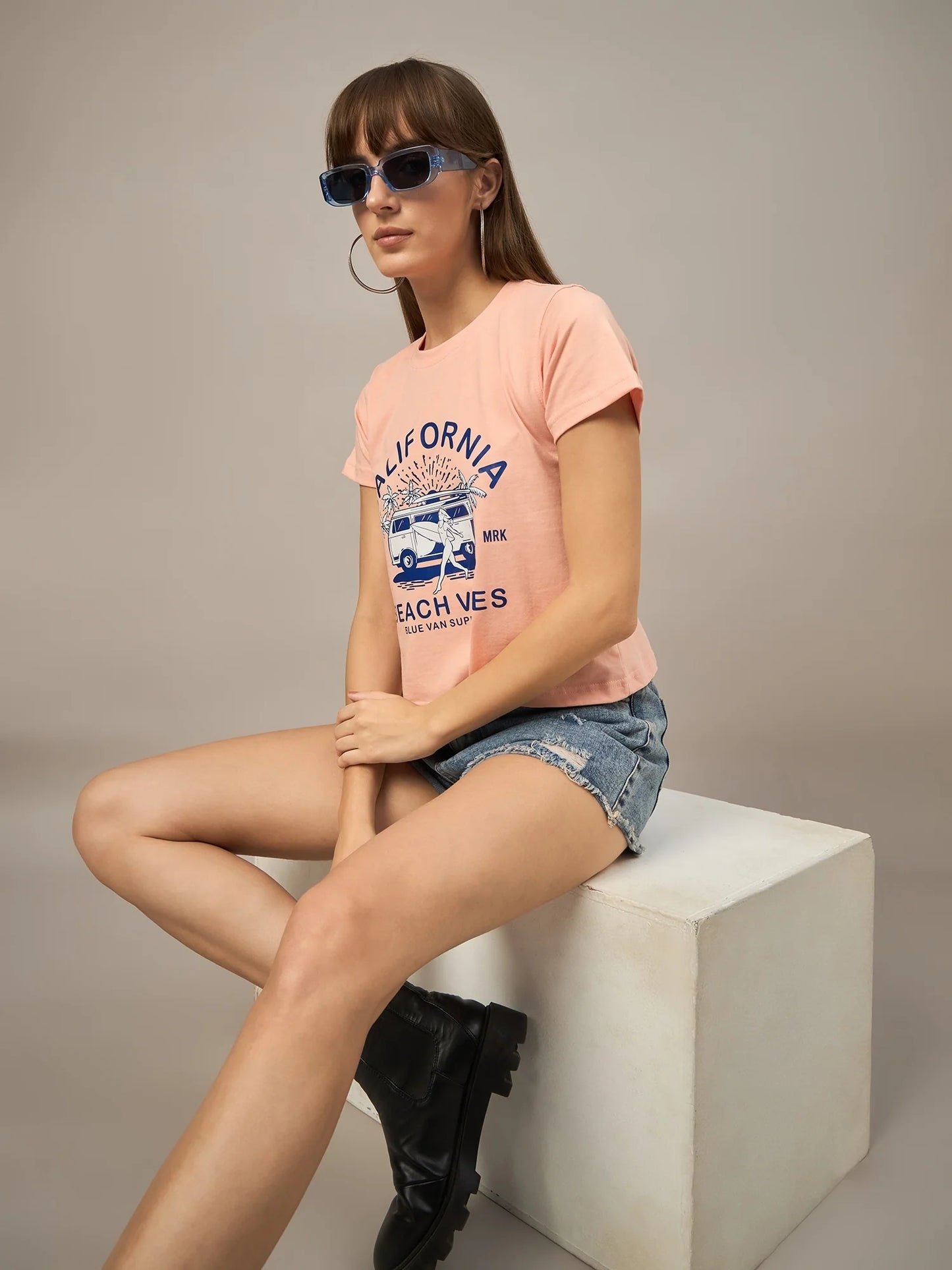 Women Printed Regular Fit T-shirt Peach