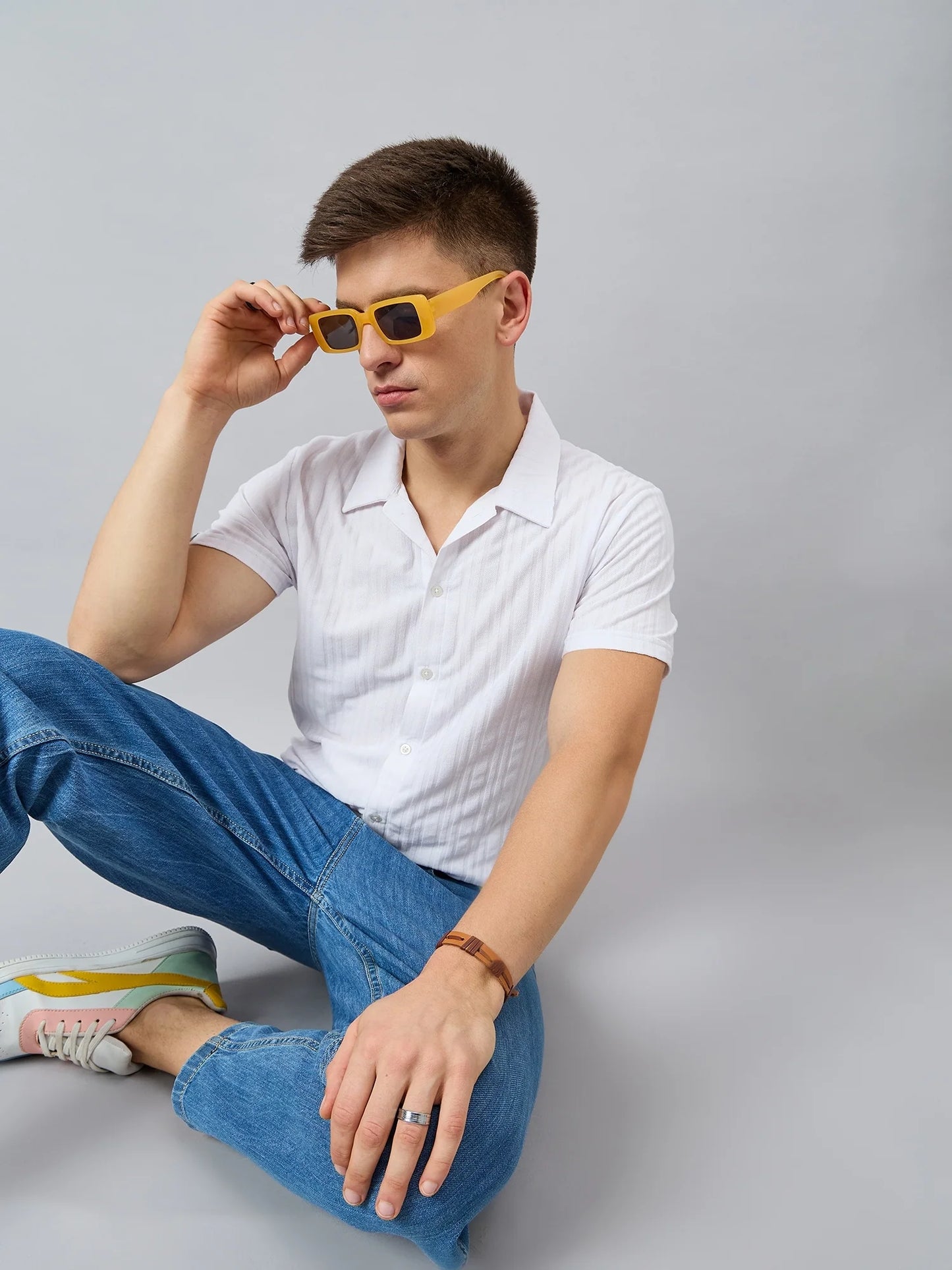 Men Regular Fit Textured Spread Collar Shirt White