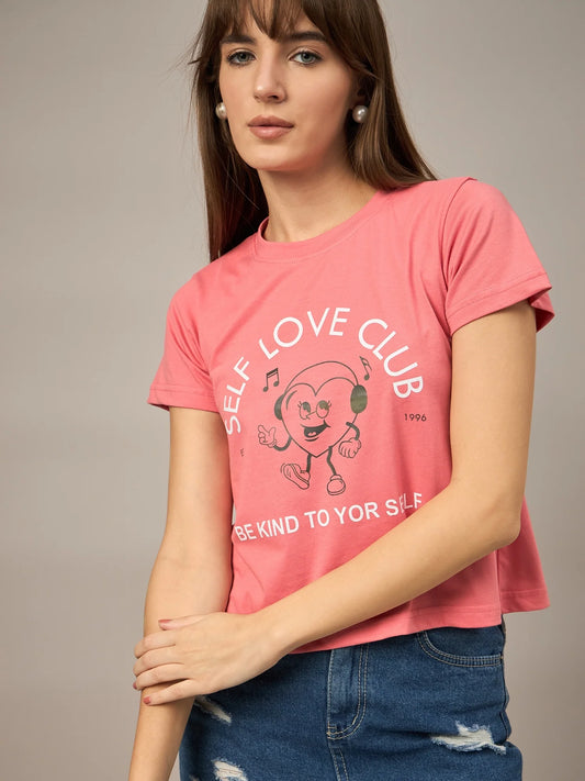 Women Printed Regular Fit T-shirt Pink