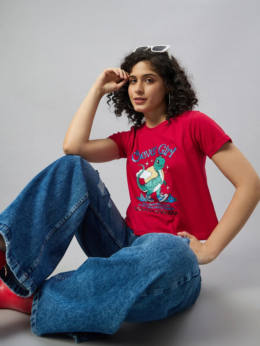 Women Printed Regular Fit T-shirt Red