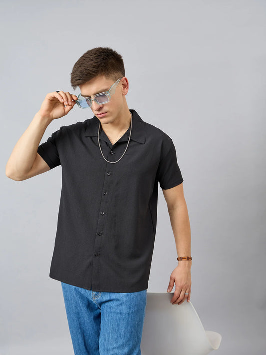 Men Regular Fit Spread Collar Shirt Black