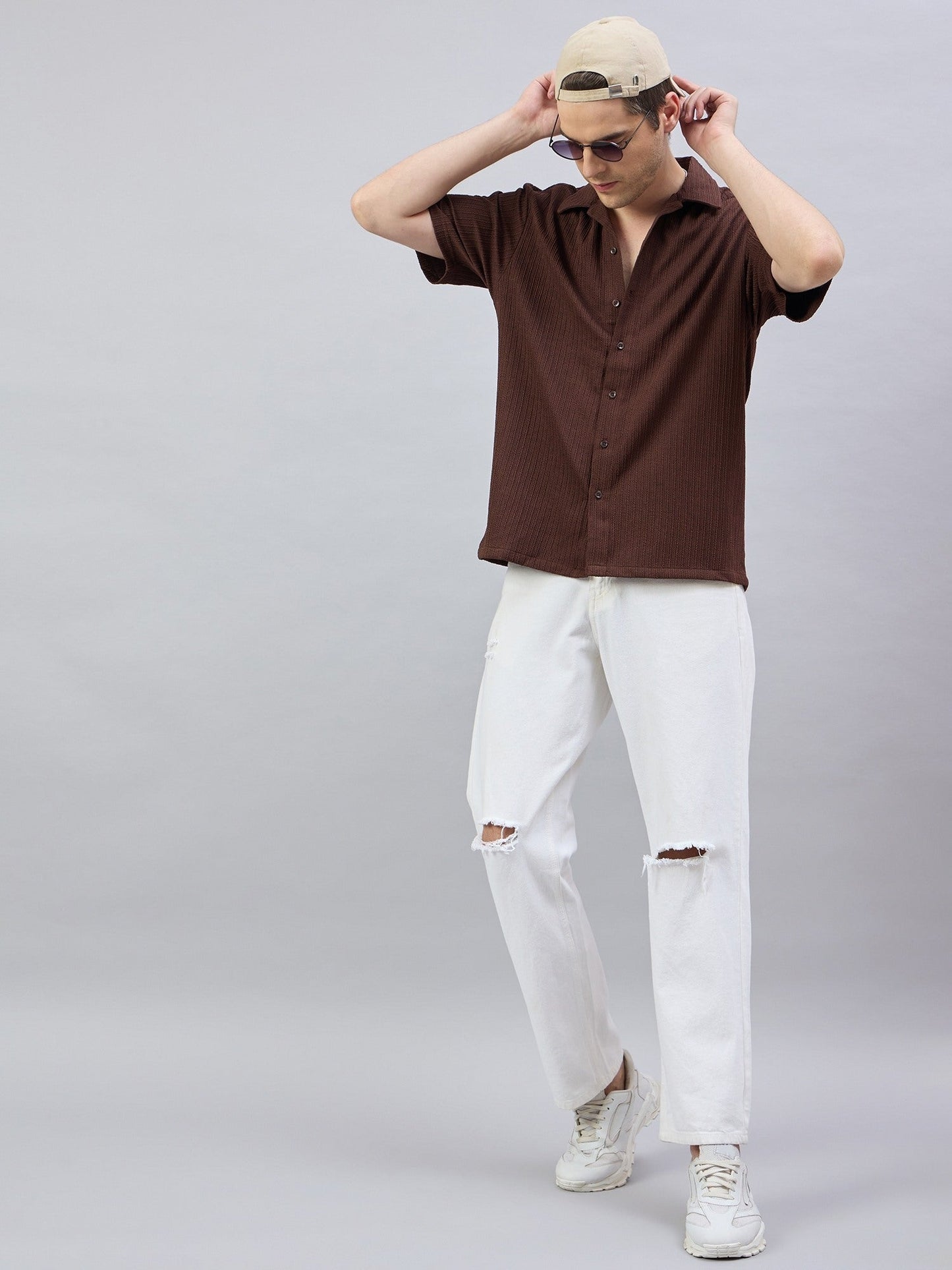 Mens Textured Casual Shirt Brown - Reprise
