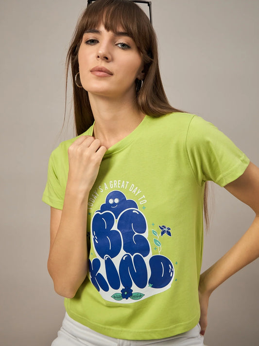 Women Printed Regular Fit T-shirt Green