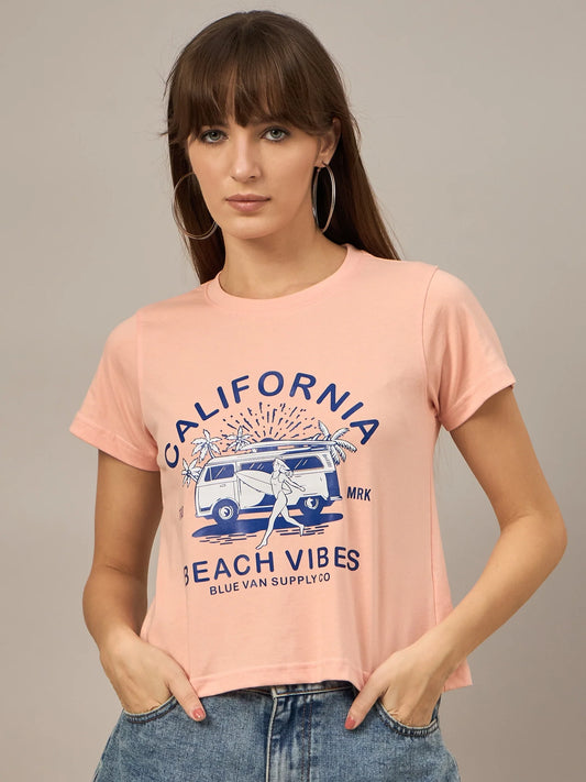 Women Printed Regular Fit T-shirt Peach