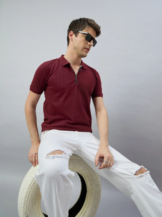 Men Maroon Solid Cotton Polo T-Shirts - Reprise
