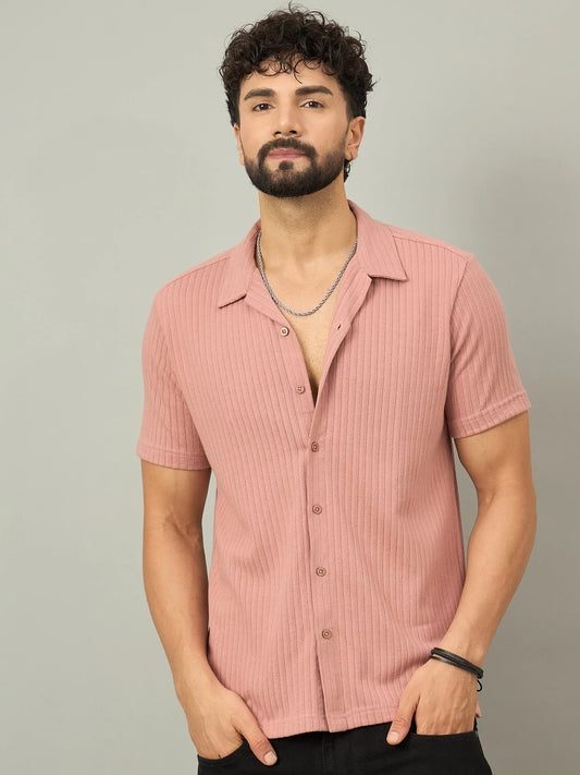 Men Textured Peach Shirt