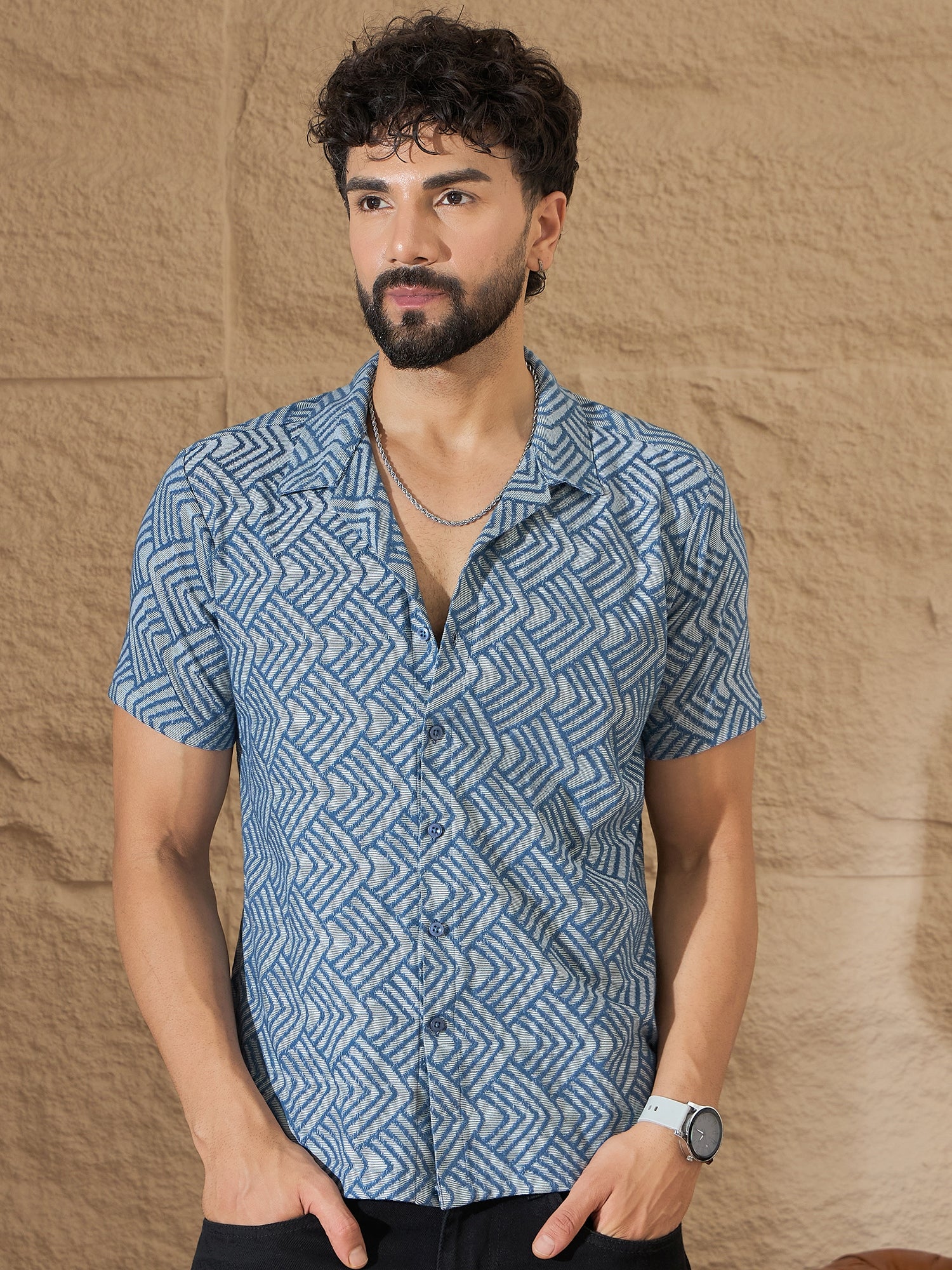 Men Light Blue Printed Half Sleeve Shirt - Reprise