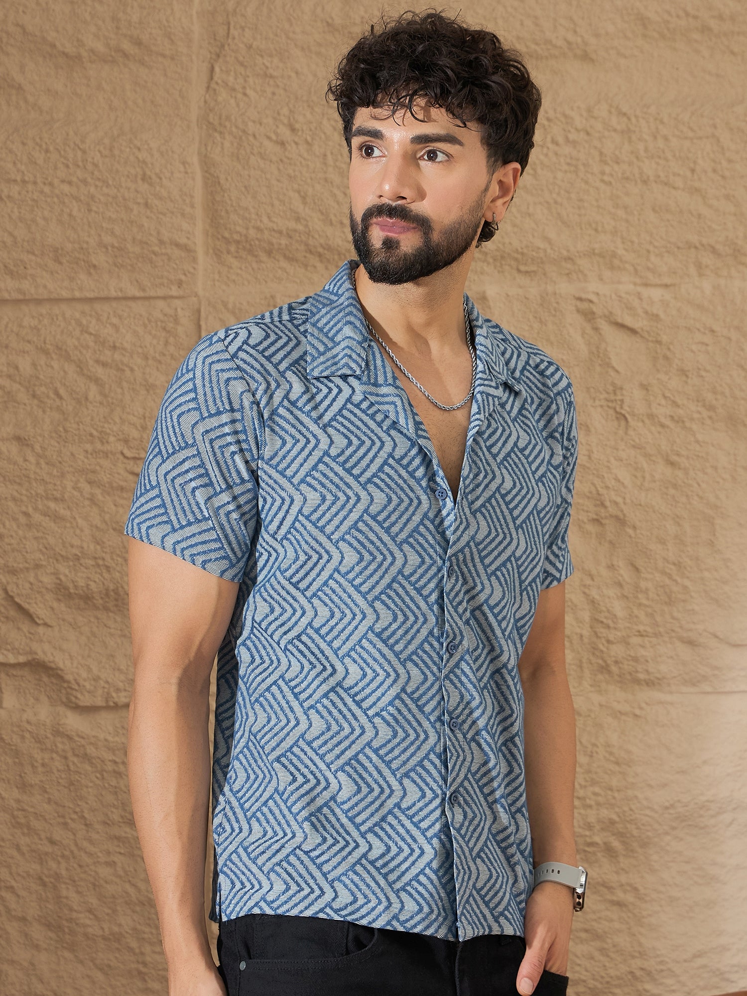 Men Light Blue Printed Half Sleeve Shirt - Reprise