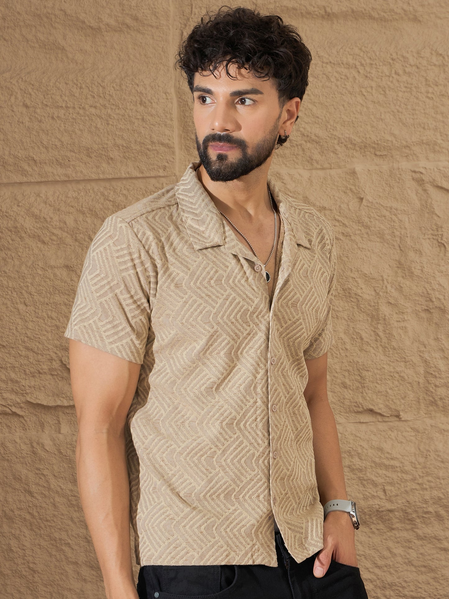 Men Printed Beige Shirt