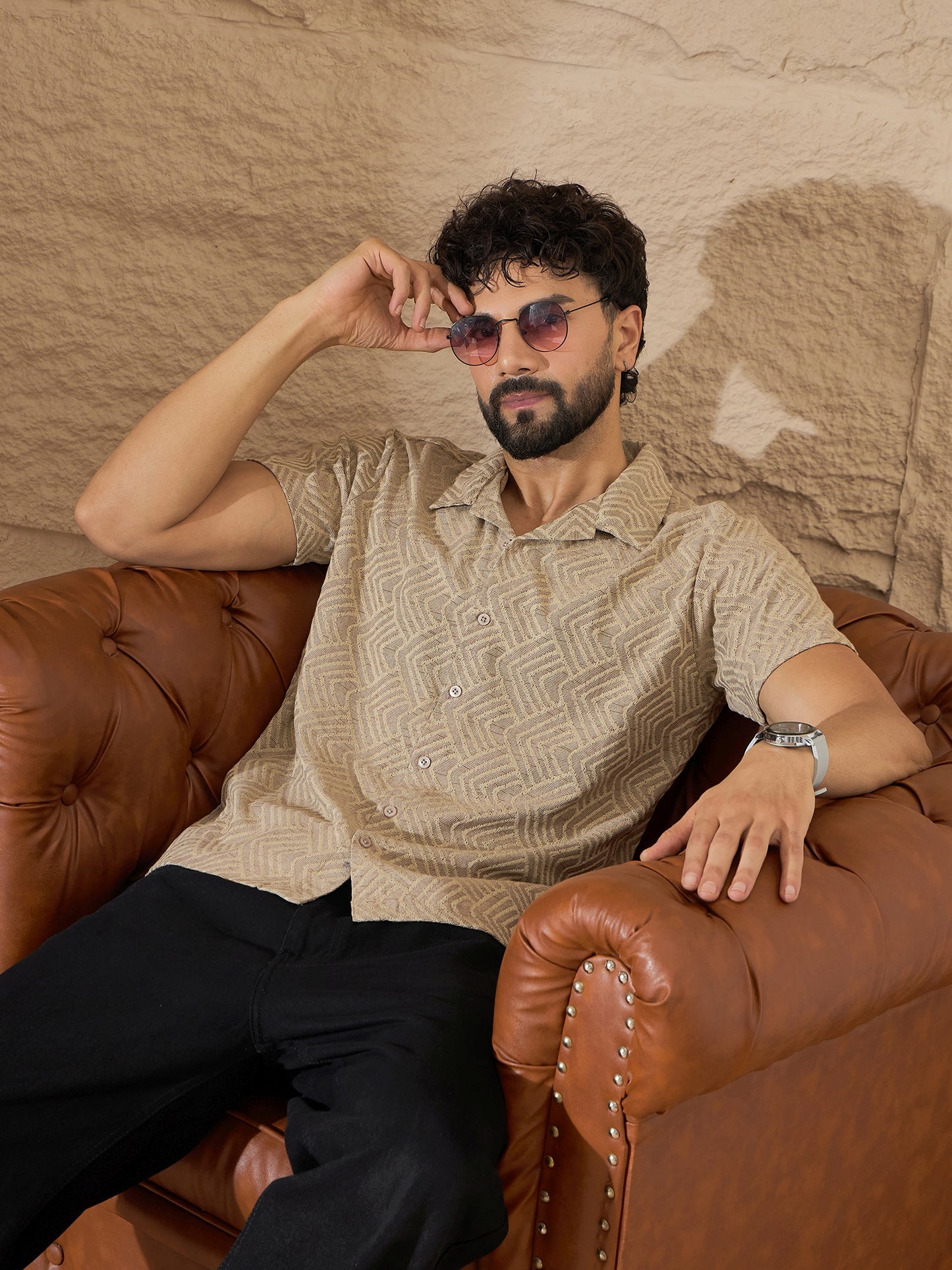 Men Printed Beige Shirt