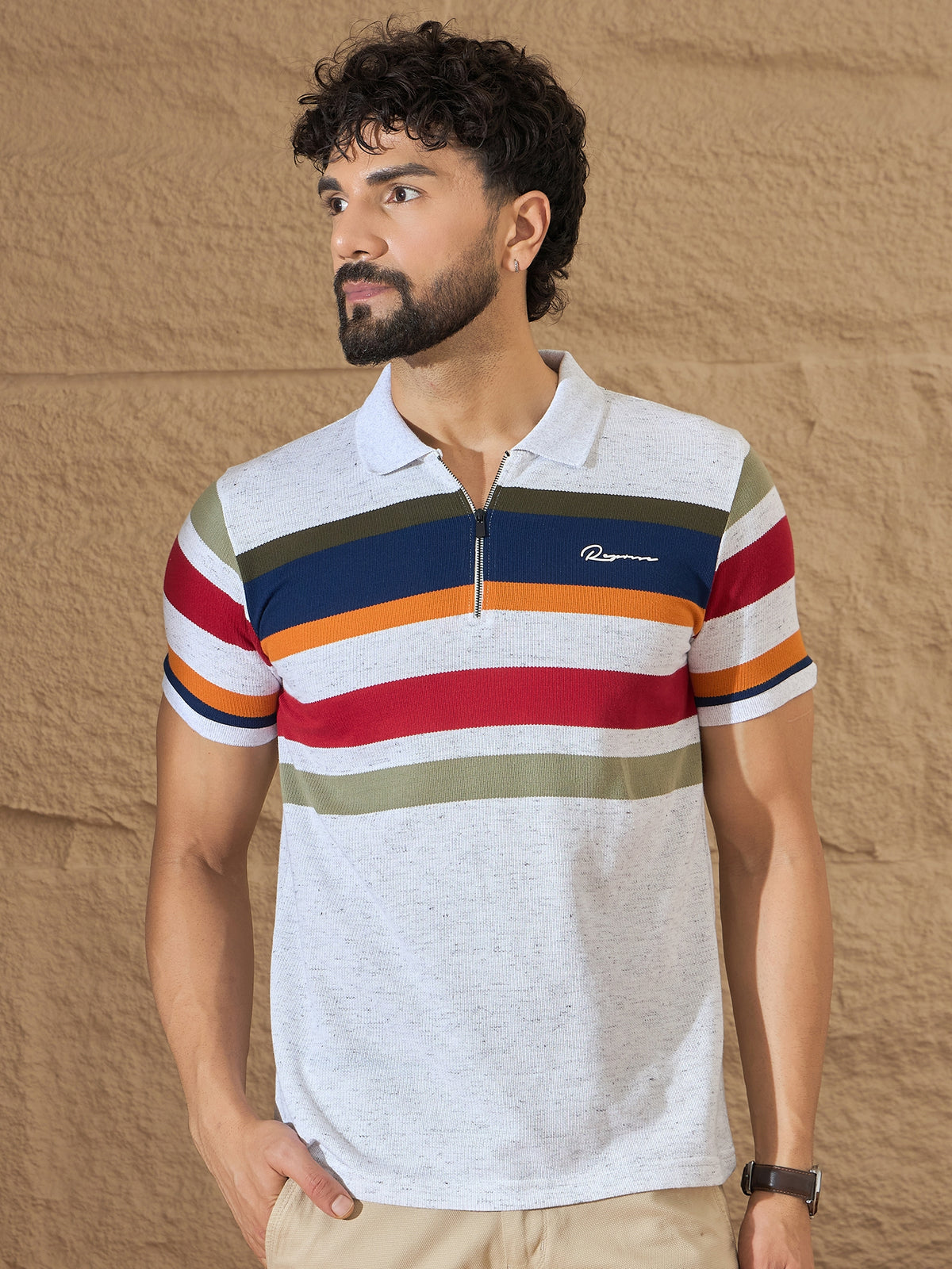 Men Striped Polo T-shirt White