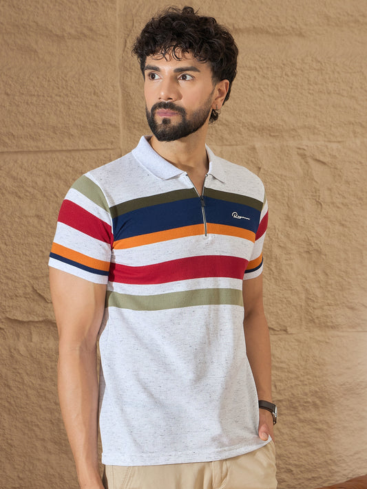 Men Striped Polo T-shirt White