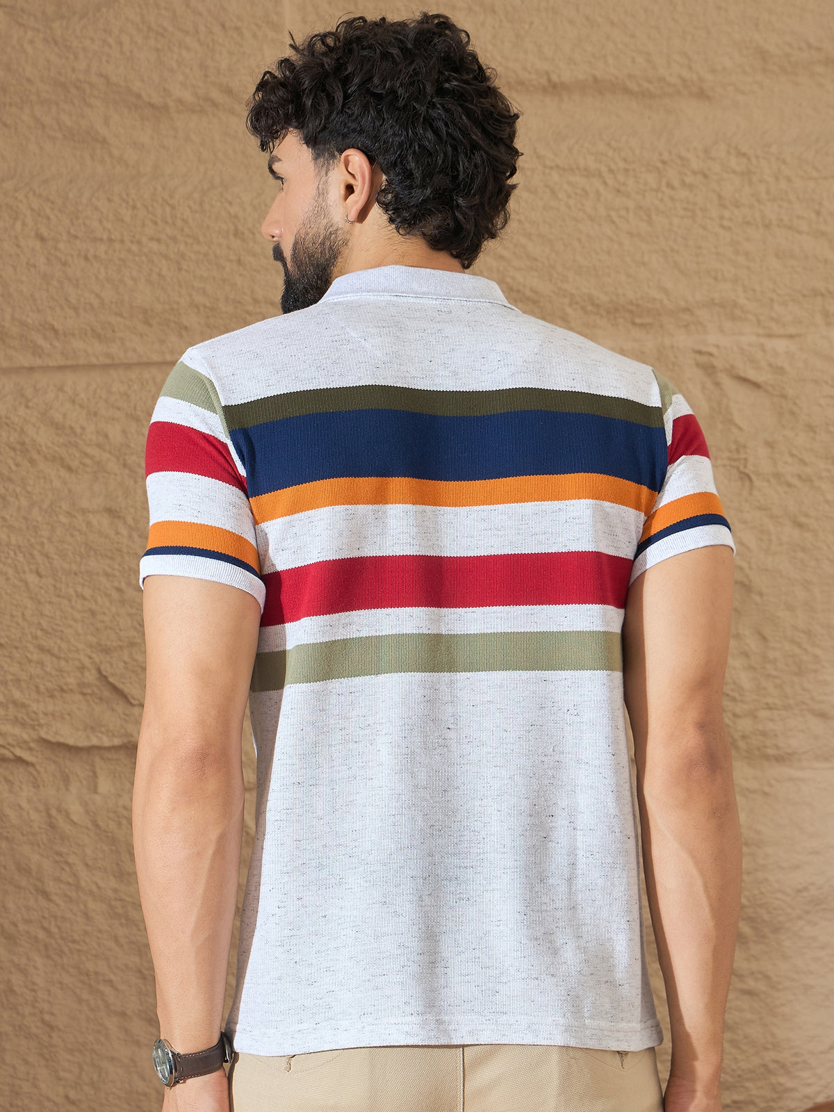 Men Striped Polo T-shirt White