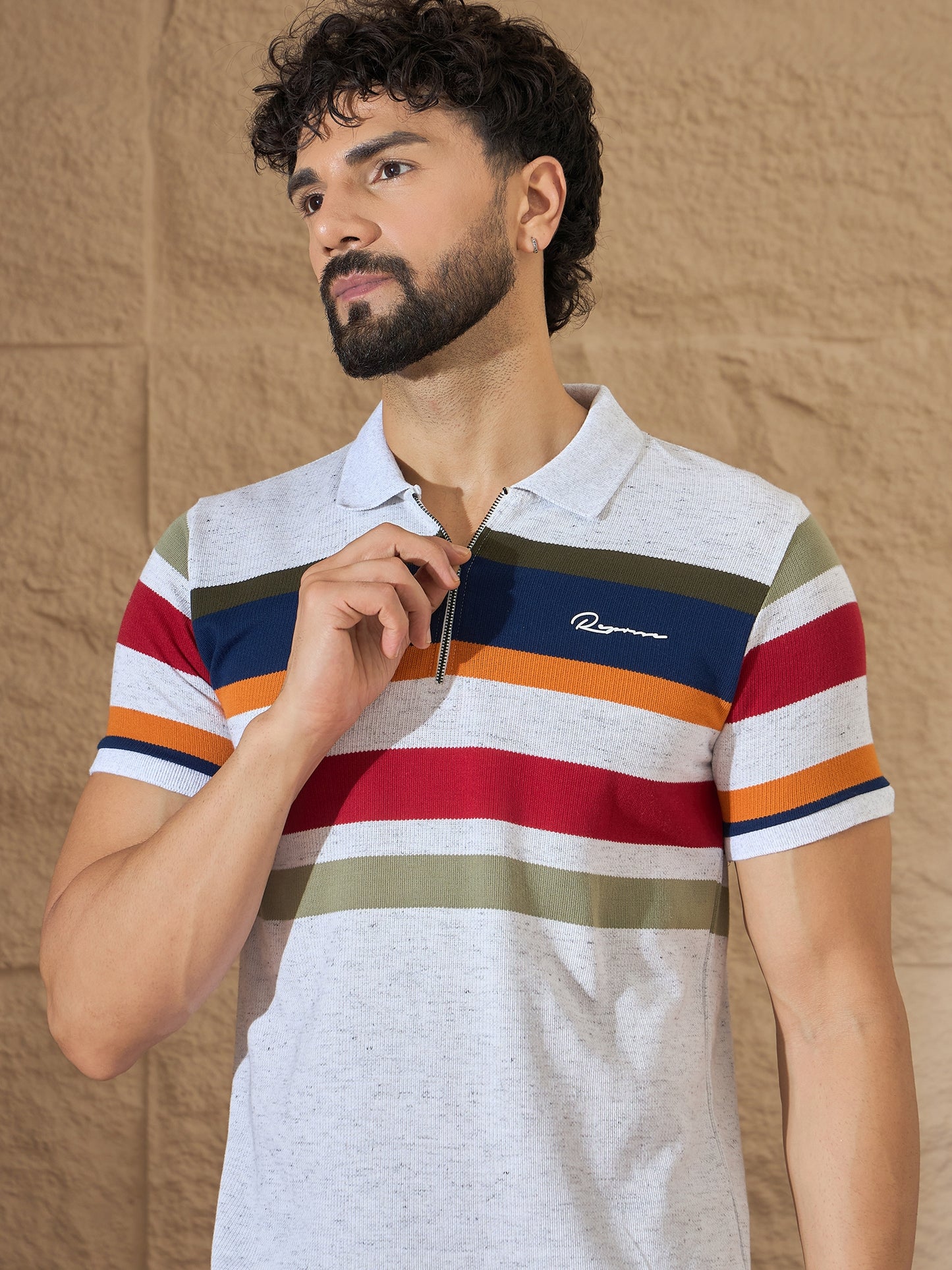 Men Striped Polo T-shirt White
